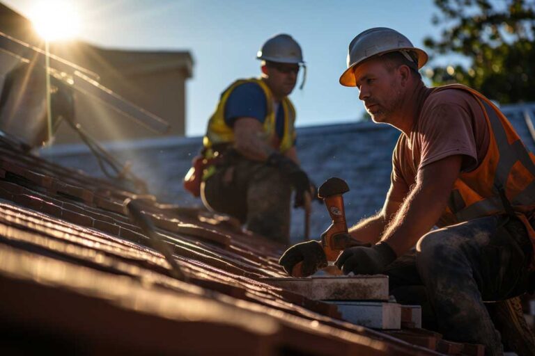 A local homeowner examining shingles and gutters on a single-family house roof in early spring.