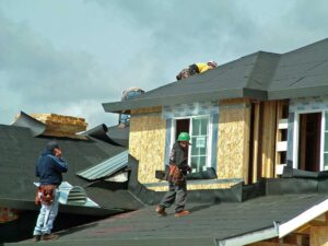 Homeowner examining dark roof streaks and green moss on shingles beside a ladder and gutter.